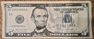 Ausgefallene Seriennummer 33933993 Serie 2021 5 Dollar Schein (siehe Fotos) - Bild 1 von 1