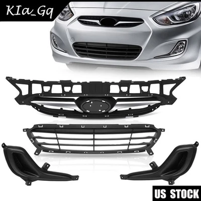 4PC Set 2016-2017 HYUNDAI ACCENT Front Bumper Upper Lower Grille & Fog Bezel NEW - Image 1 of 4