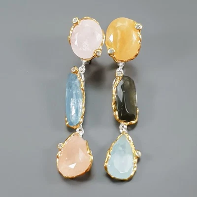 Pendientes hechos a mano de 34 quilates + aguamarina natural plata de ley 925 / E129897 Foto 1 de 4