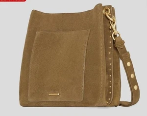 Borsa a tracolla nuova senza etichette $378 Rebecca Minkoff Darren borchiata pelle scamosciata argilla oro - Foto 1 di 15