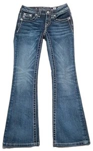 Miss Me Girls Sz8 Boot Leg Denim Jean JK7025B Stud Rhinestone Button Flap Pkts - Picture 1 of 10