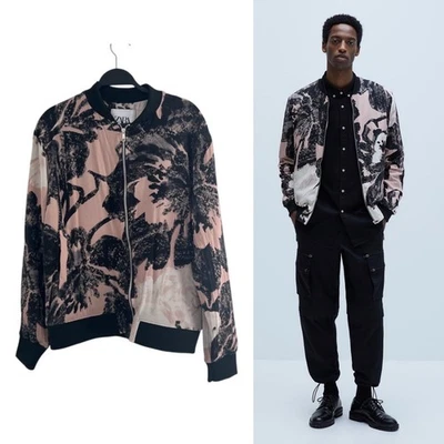 ZARA MAN Chaqueta Bomber Floral Rosa Negra Viscosa Ligera Cremallera XL Foto 1 de 4