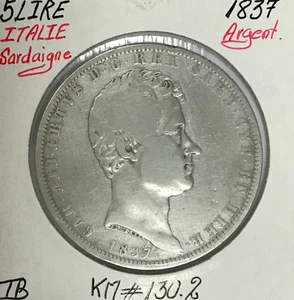 ITALIE - 5 LIRE 1837 - SARDAIGNE - Pièce de Monnaie en Argent // TB - Picture 1 of 2