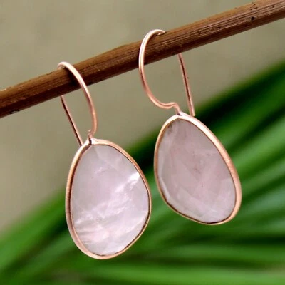 Natural Pink Rose Quartz Gemstone Dangle Earring Solid 925 Silver Jewelry Foto 1 de 2
