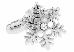 Silver Center Round Crystal Snow Flake Snowflake Men's Cufflinks In 925 Silver - Picture 1 of 4