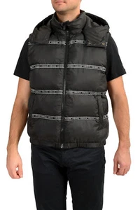 Versace Men's Black Logo Print Full Zip Sleeveless Parka Hooded Vest US M IT 50 - Picture 1 of 6