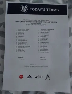 2022-23 Leeds United Ladies v Brighouse Town WFC ~ FA Cup ~ Teamsheet - Picture 1 of 1