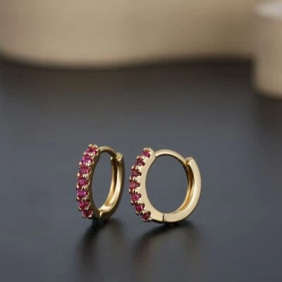 10K Yellow Gold With Simulated Round Cut Red Ruby Engagement Hoop Earrings - Image 1 of 3