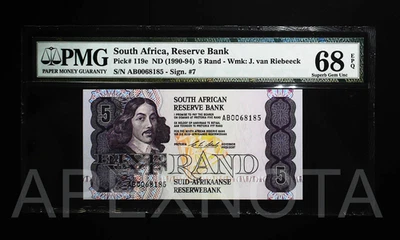 SOUTH AFRICA 5 RAND 1990-1994 P119 PMG 68 SUPERB GEM UNC EPQ HIGH GRADE #68185 - Image 1 of 4
