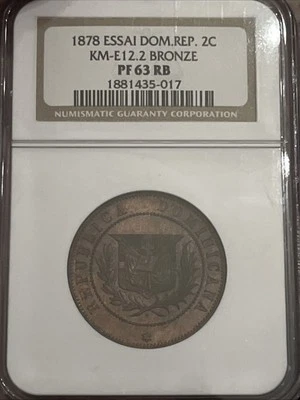 1878 DOMINICAN REPUBLIC 2C ✪ NGC PF-63- RB BRONZE ESSAI PROOF COIN - Image 1 of 4