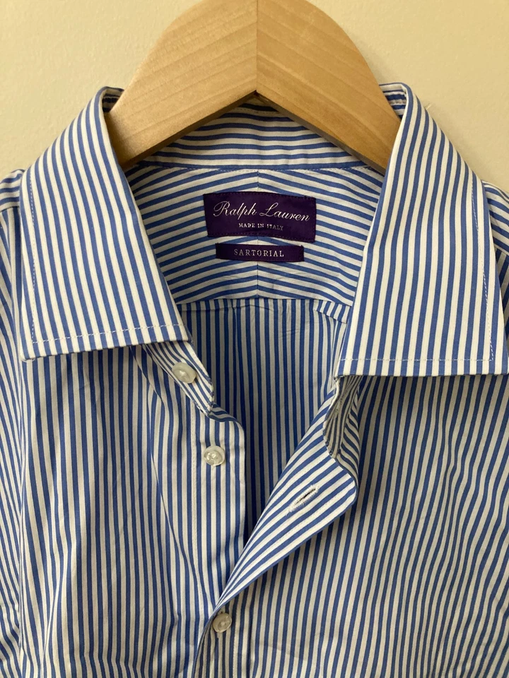 Camisa de vestir sartorial azul/blanco a rayas 17/43 ralph lauren purple label en muy buen estado Foto 1 de 4
