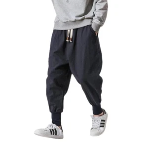 Men's Japanese Sweat Pants Casual Cotton Linen Stretch Elastic Trousers Joggers - Picture 1 of 13