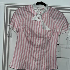 Unique Vintage S (4) Pink White Stripe Bow Tie Chita Bouse 1940s Top Button Up - Picture 1 of 9