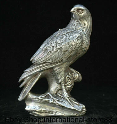 8.6英寸老式中国银风水鹰黑耳风筝成功雕像 — 第 1/4 张图片