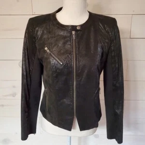 leather moto jacket black shimmer front zip lined jacket - Picture 1 of 4