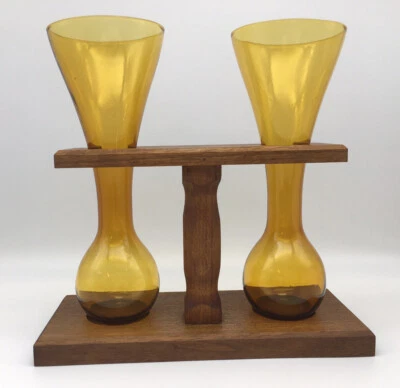 Винтажные двойные четверть ярда эль янтарные стекла деревянная подставка Nasco Япония барная стойка - Изображение 1 из 4