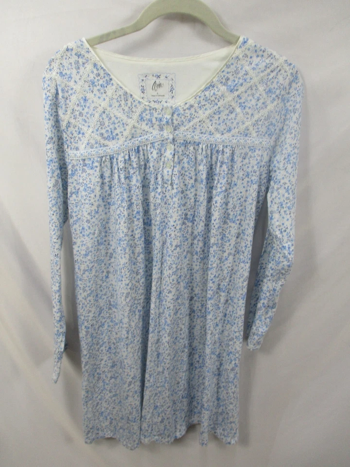 Camisón Aria Mujer Pequeño Azul Floral Botón Cuello en V Borde Manga Larga Algodón Foto 1 de 4