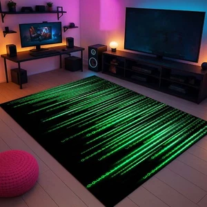 Matrix Rug, Gamer Carpet, Neon Green Mat, Sci Fi Decor, Code Theme Rug, Gaming - Picture 1 of 11