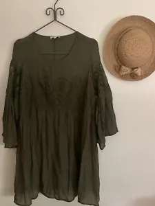 Boho ruffle crochet lace olive green dress pullover knee length 2X PLUS NWT SALE - Picture 1 of 3