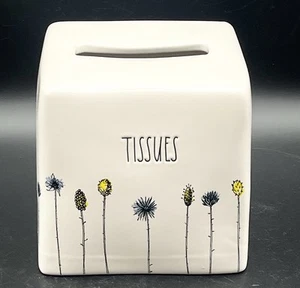 Rae Dunn Stem Line "TISSUES" Ceramic Tissue Box Cover Holder Tall Flowers - Picture 1 of 11