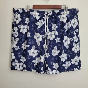 Amazon Essentials Mens Swim Trunks XXL Blue White Floral Lined Drawstring Beach - Picture 1 of 7