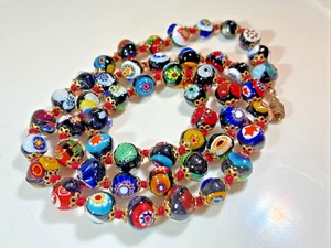 Collana Italia Veneziana Murano Millefiori Annodata Arte Vetro Fiore Perline 24” Boho - Foto 1 di 11