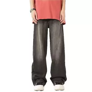 Men's Denim Trousers Straight Leg Loose Fit Wide Leg Pants Mid Waist Inelastic L - Picture 1 of 7