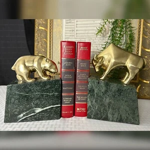 Book Ends Stock Market Bull & Bear MCM Brass and Marble Wall Street Bookends - Picture 1 of 11