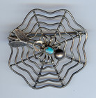 VINTAGE NAVAJO INDIAN SILVER & TURQUOISE SPIDER & FLY ON WEB PIN BROOCH