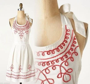 Anthropologie Apron LOOP-DI-LOOP Halter Embroidered Red White Cotton Kitchen NWT - Picture 1 of 2
