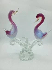 Vintage Murano 2 Art Glass Birds On Branch Love Birds Pink Blue Opaline Swans - Picture 1 of 7