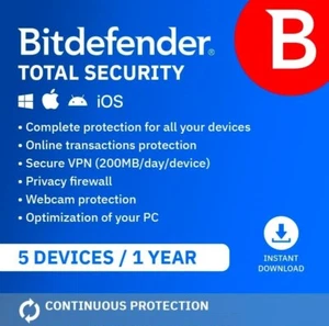 Bitdefender Total Security 2025, 5 Devices, 1 Year (200MB Daily VPN per Device) - Picture 1 of 9