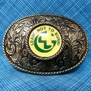 NFPA Learn Not To Burn Belt Buckle Fire Safety Western Scroll Vtg 90s    .PCB327 - Picture 1 of 7