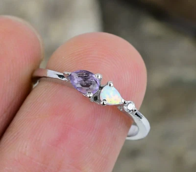 Pear Amethyst & Opal Ring 925 Sterling Silver Ring For Women Anniversary Ring - Image 1 of 4