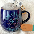 NWT Coffee Mug Key Chain Gift Set One Cat Shy of Crazy Navy with Pink Interior