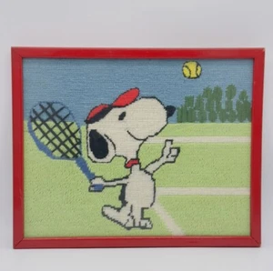 Vintage Peanuts Snoopy Tennis Stitchery Needlepoint Crewel Framed Art Completed - Picture 1 of 6