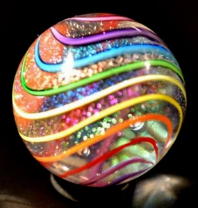JAMES ALLOWAY GLASS MARBLE/1.240"-GLITTERBALL #388-DICHROIC GOLD,GRASS,LIME,ORG+ - Picture 1 of 15