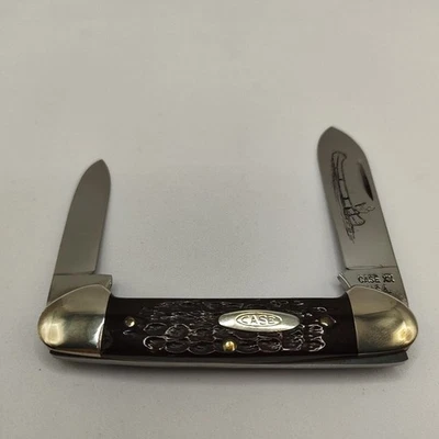 CUCHILLO GRABADO CANOA HUESO MARRÓN OSCURO CASE XX EE. UU. 1977 3 PUNTOS #62131 VINTAGE Foto 1 de 4