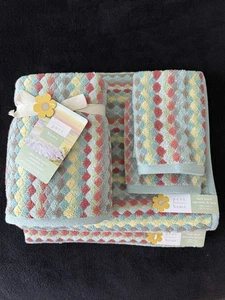 PERI - GEOMETRIC DIAMOND  AQUA CORAL GREY - BATH HAND WASH TOWELS SET OF 6 - NEW - Picture 1 of 2