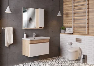 Meuble salle de bain design moderne complet SAVVA avec miroir largeur 65 cm chên - Foto 1 di 4