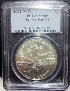 1991-95-D PCGS MS69 World War II Silver Modern Commemorative Dollar - Picture 1 of 2