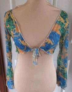 I Saw It First Blue Paisley Sheer Mesh Long Bell Sleeve Crop Wrap Top UK 8 B28 - Picture 1 of 22