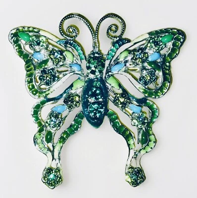 "Pin llamativo mariposa de 3"" con pedrería verde/azul esmaltado tono plata" Foto 1 de 4