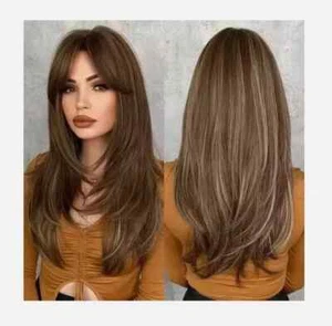Real hair New Beautiful Women's Long Brown Blonde Straight Human Hair Wigs - Picture 1 of 3