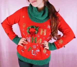 Hässlicher Weihnachtspullover rote Lametta Glocken Pailletten Rundhalsausschnitt Gr. S M L Neu mit Etikett - Bild 1 von 4