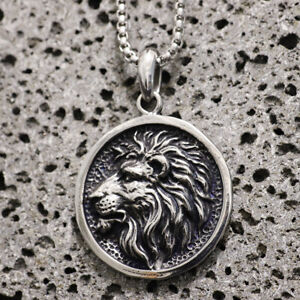 Vintage Mens Lion Medal Necklace Pendant Stainless Steel Animals Biker Jewelry