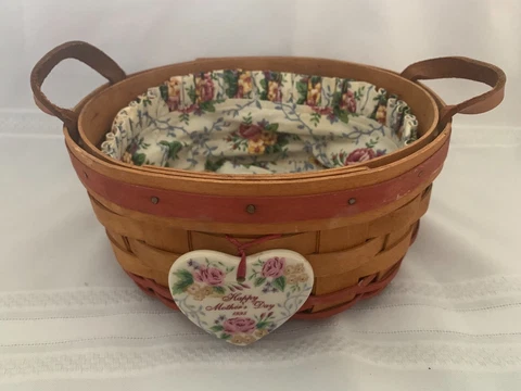 1995 Longaberger Mothers Day Basket of Love Leather Handles with Liner & Tie-on Cover
