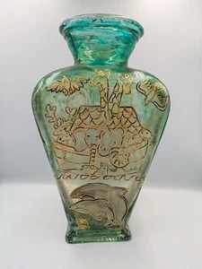 Large Flashed 3d Painted Teal Green Glass Vase Noah's Ark Design Vintage Decor - Picture 1 of 13