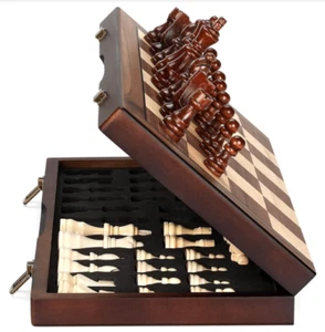 Magnetic Wooden Chess Board Set 15" with Handmade Pieces, Folding Travel Game - Picture 1 of 6