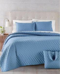 Martha Stewart Essentials 3-Piece Quilt and Tote Bag Set - TWIN - Blue - Picture 1 of 1